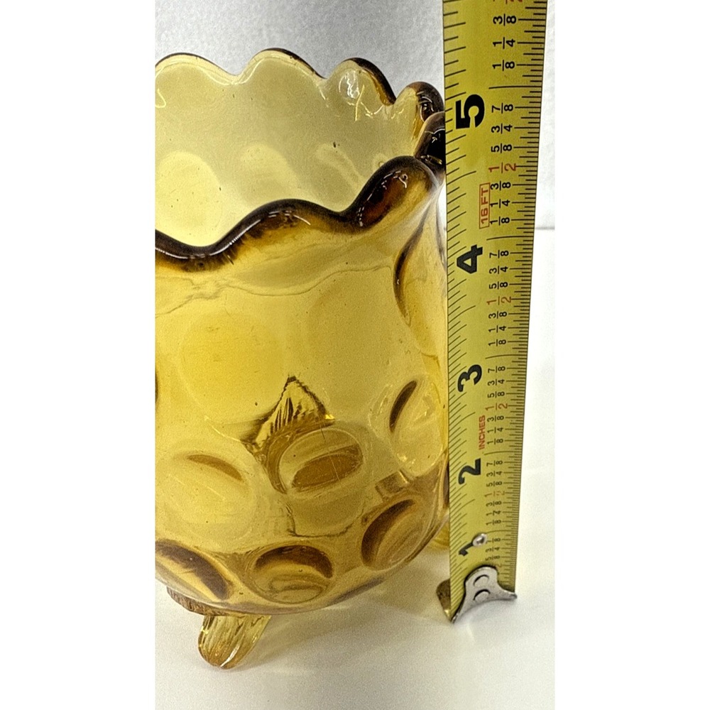 Vintage Handblown Amber Glass Vase Hobnail Bulbous Feet Ruffled Rim - Picture 6 of 7